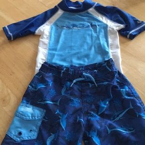 Swim trunk and rash guard set; hammer head sharks